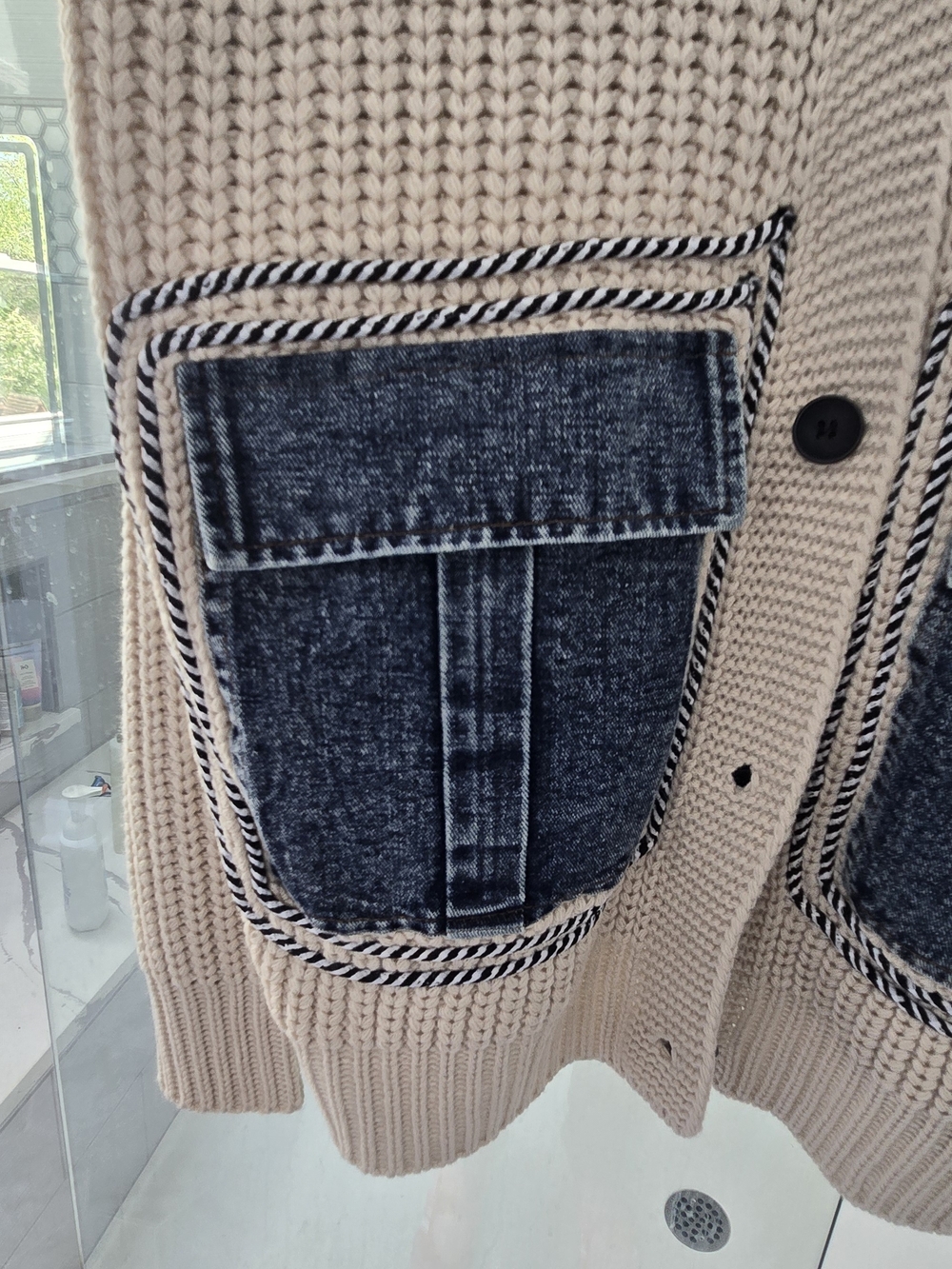 Beige Knit Cardigan with Dark Denim Patch Pockets - Picture 3 of 4